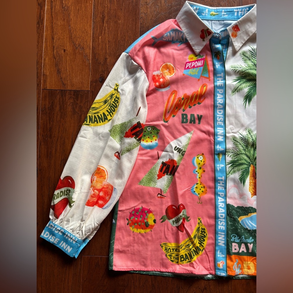 Summer Paradise Tropical Print Linen Blend Button Up Shirt | Oversized S - Picture 6 of 13
